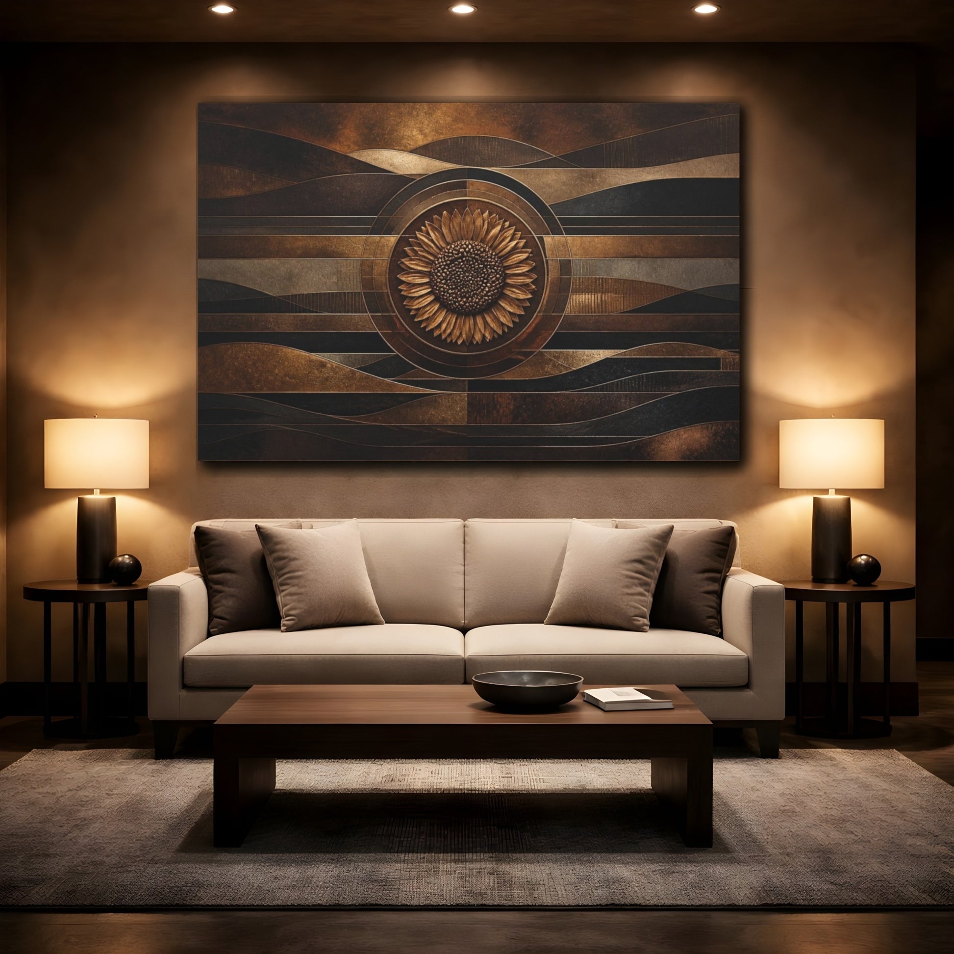 Mockup 2. Bronze Sunflower Disc shown as canvas print