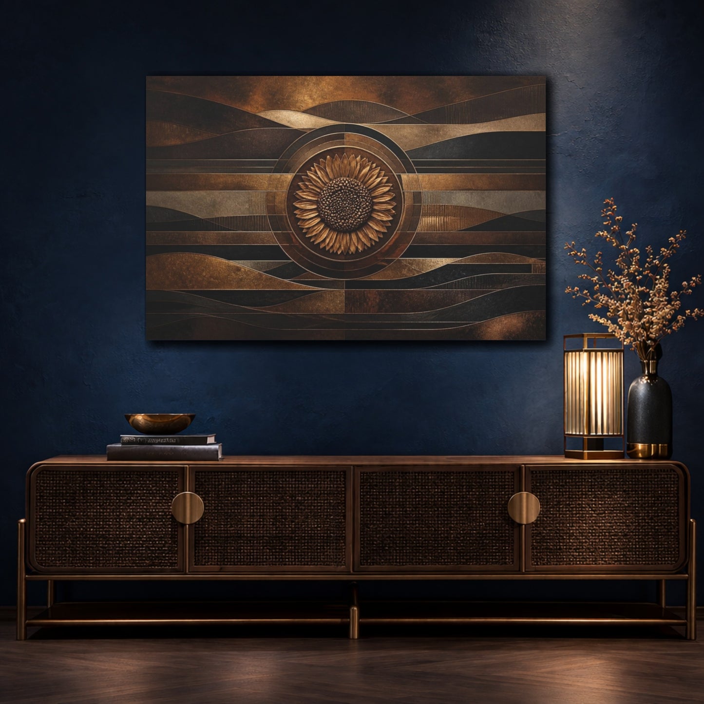 Mockup 4. Bronze Sunflower Disc shown as canvas print