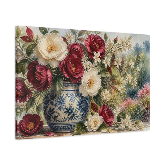 Main Mockup. Burgundy & Cream Camellias shown as canvas print