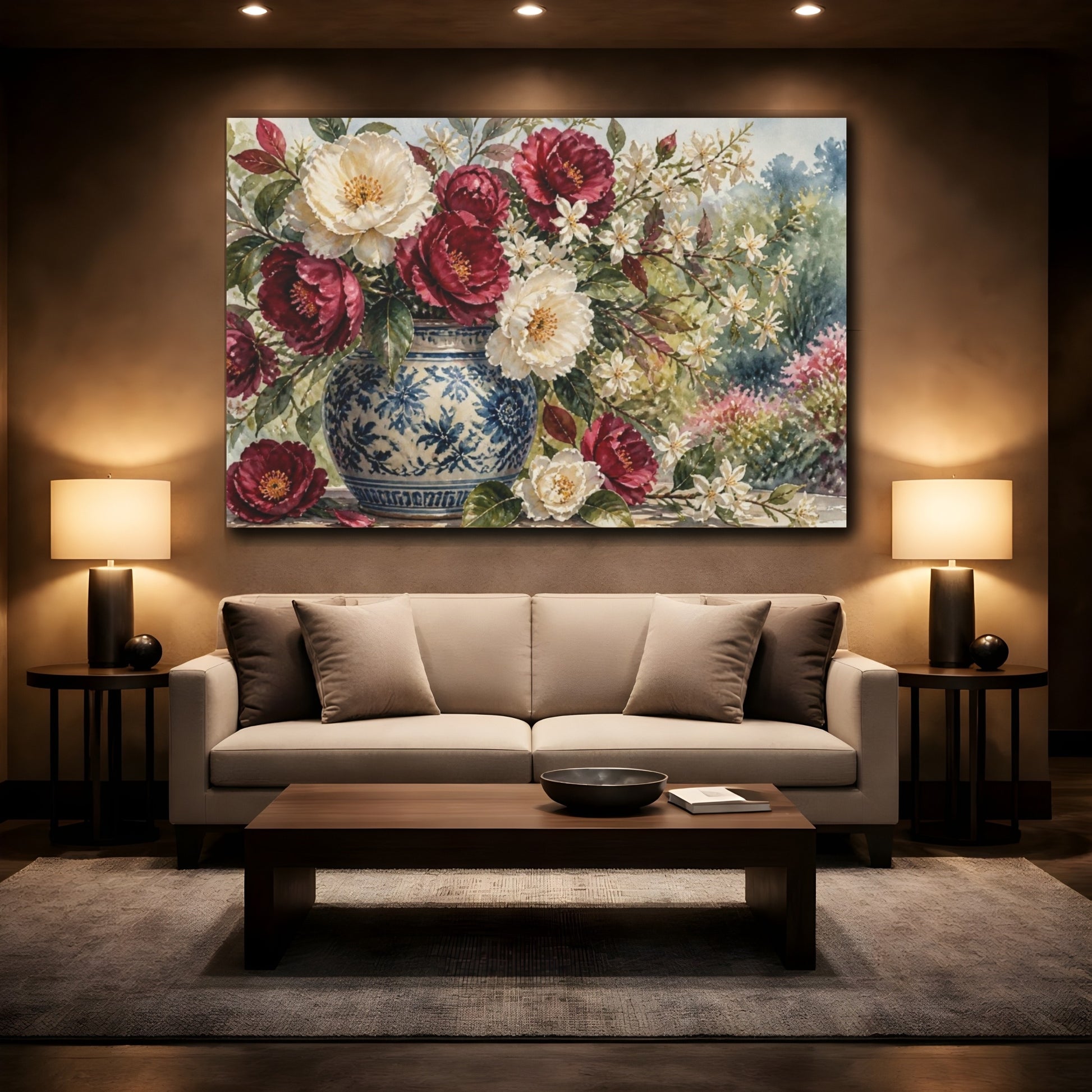 Mockup 2. Burgundy & Cream Camellias shown as canvas print