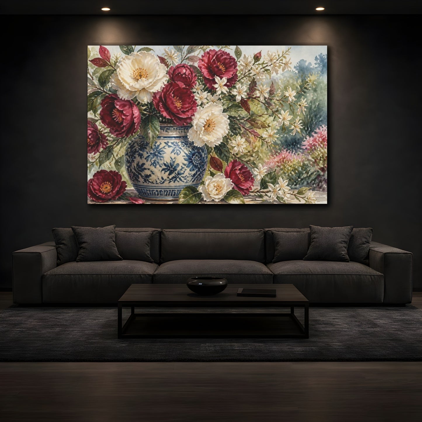 Mockup 3. Burgundy & Cream Camellias shown as canvas print