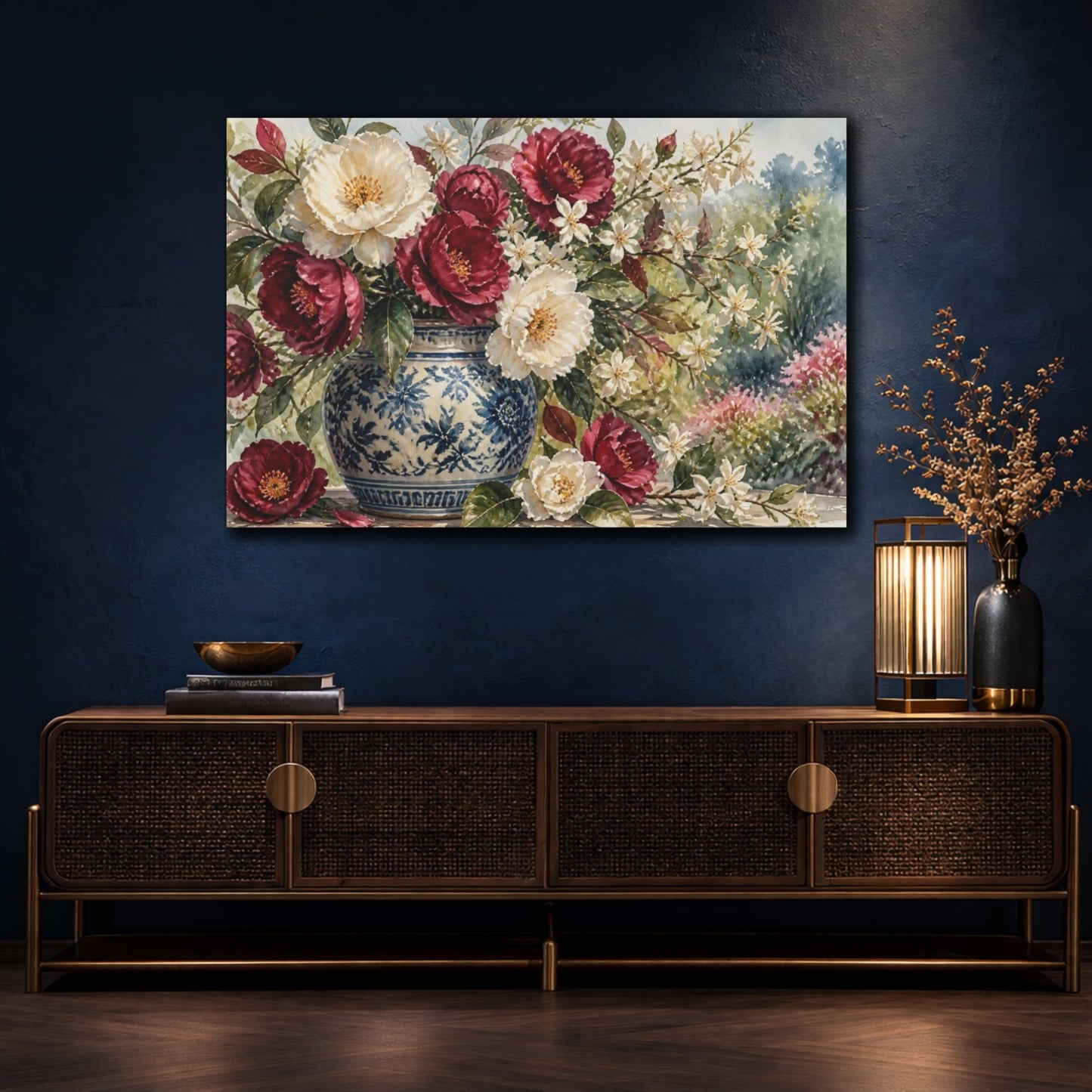 Mockup 4. Burgundy & Cream Camellias shown as canvas print