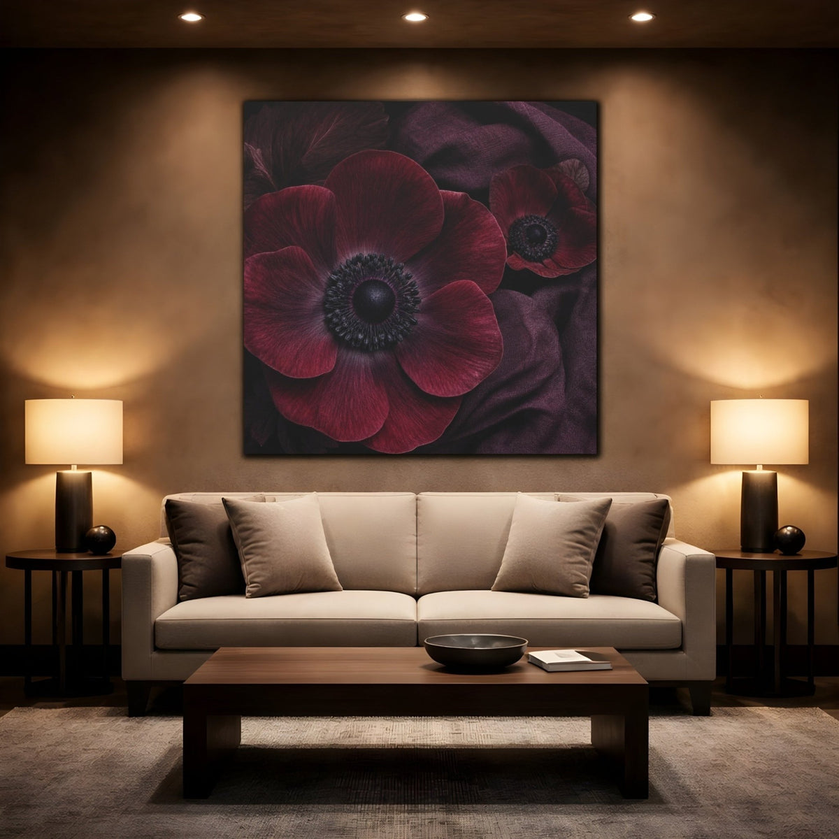 Burgundy Anemone Study Canvas Print – Living Room, Above Fireplace - YesArtYes