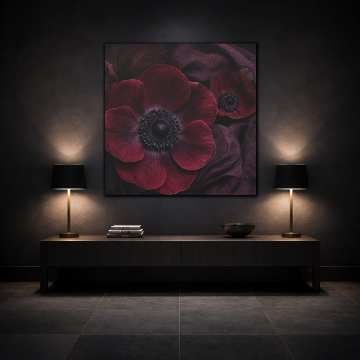Burgundy Anemone Study Canvas Print – Living Room, Above Fireplace - YesArtYes