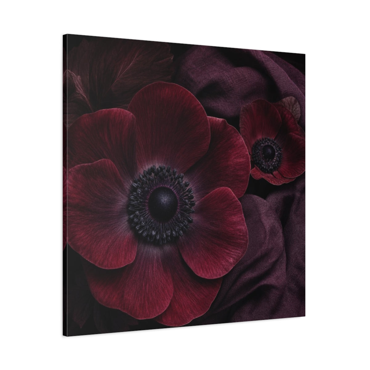 Side Mockup 1. Burgundy Anemone Study shown as canvas print