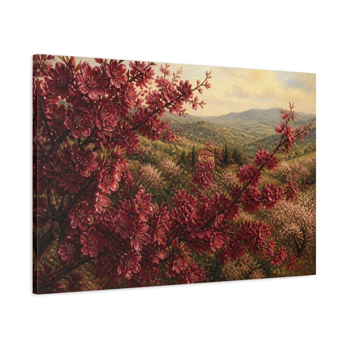 Main Mockup. Burgundy Cherry Flowers shown as canvas print