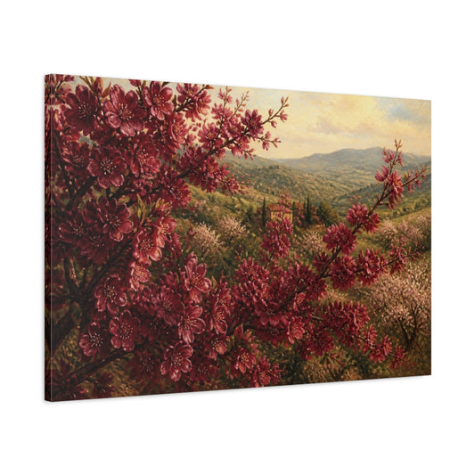 Main Mockup. Burgundy Cherry Flowers shown as canvas print
