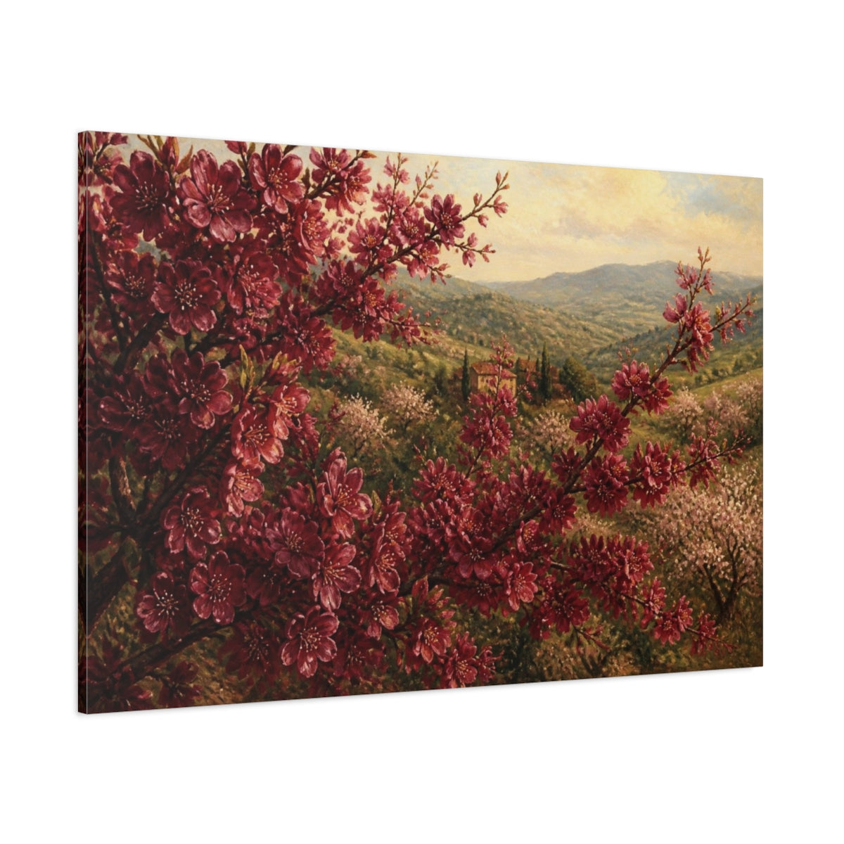 Side Mockup 1. Burgundy Cherry Flowers shown as canvas print