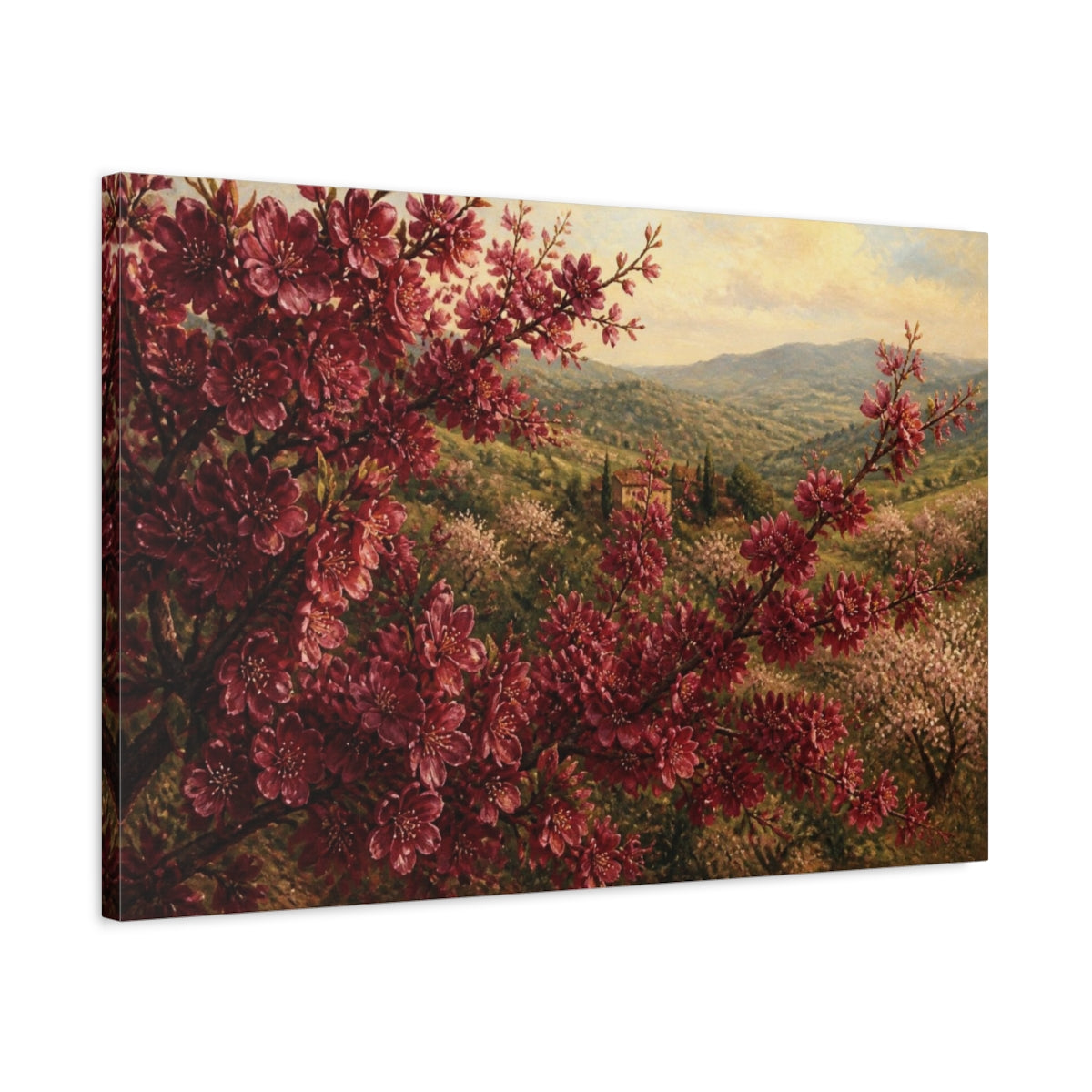 Side Mockup 2. Burgundy Cherry Flowers shown as canvas print