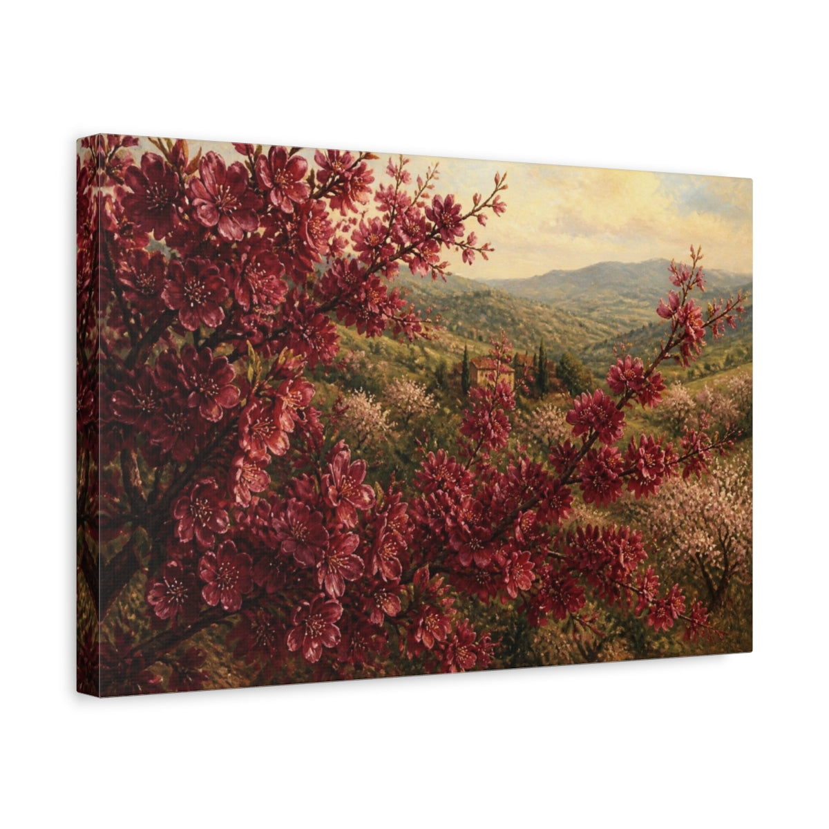Side Mockup 4. Burgundy Cherry Flowers shown as canvas print