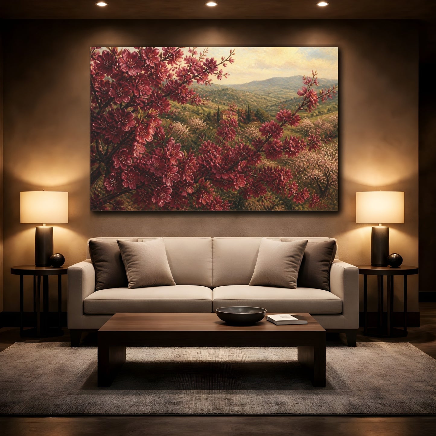 Mockup 2. Burgundy Cherry Flowers shown as canvas print