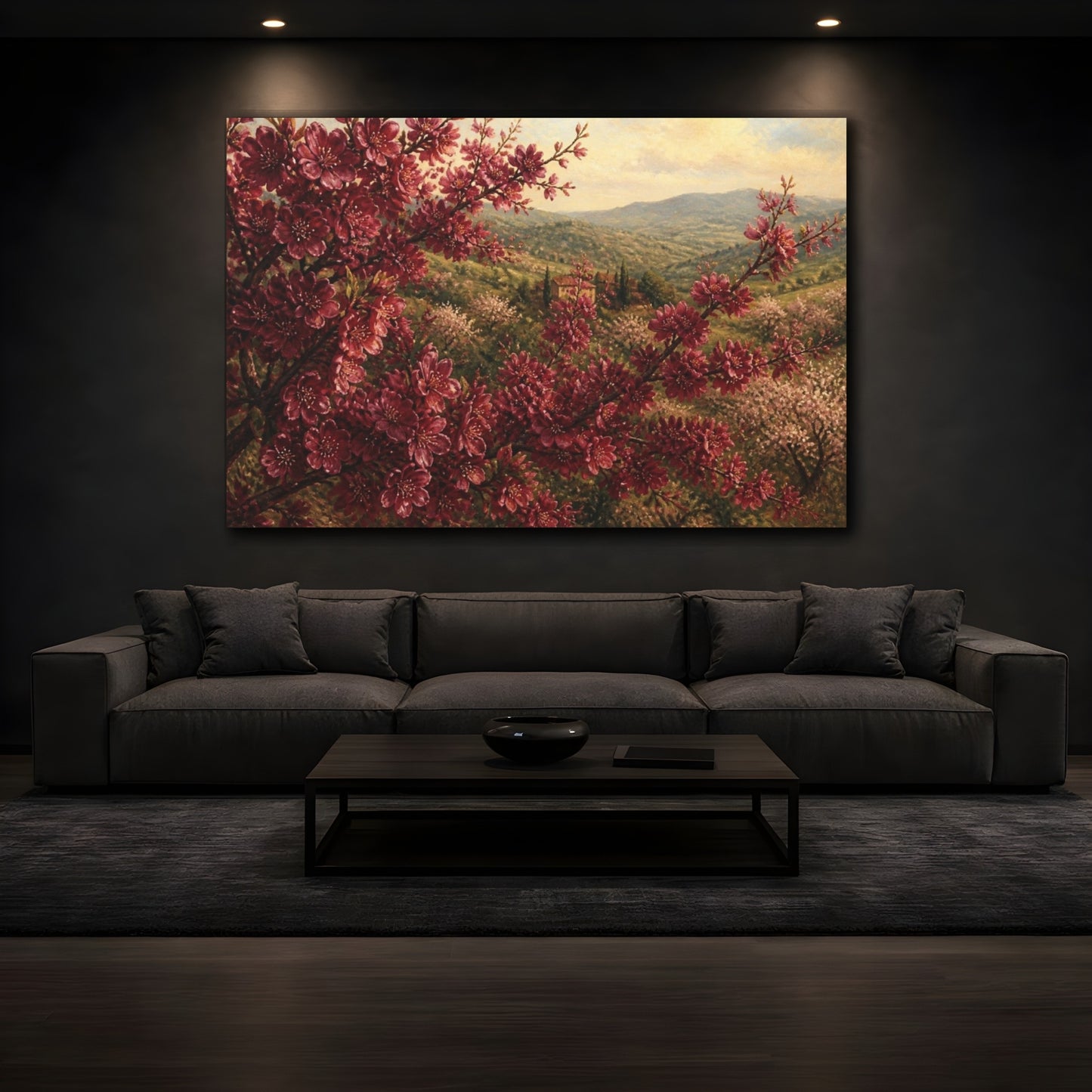 Mockup 3. Burgundy Cherry Flowers shown as canvas print