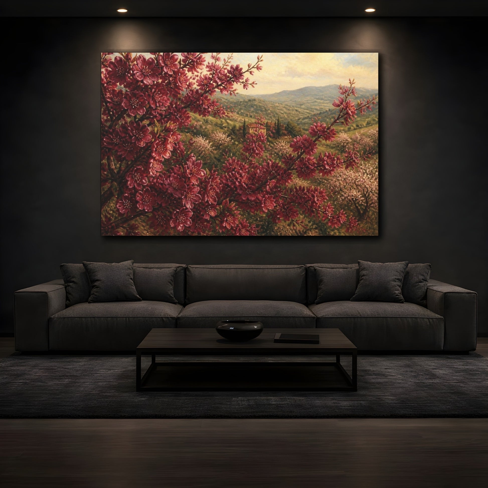 Mockup 3. Burgundy Cherry Flowers shown as canvas print