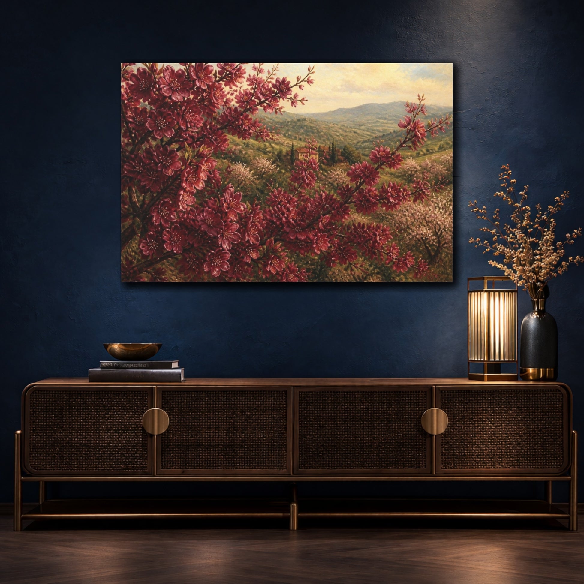 Mockup 4. Burgundy Cherry Flowers shown as canvas print