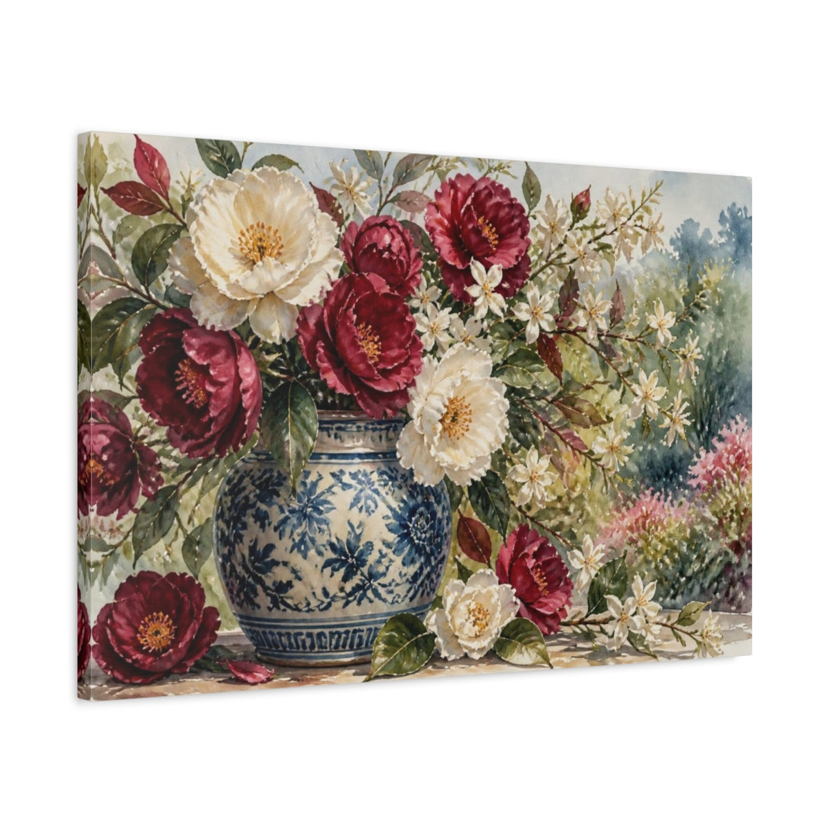 Side Mockup 2. Burgundy & Cream Camellias shown as canvas print