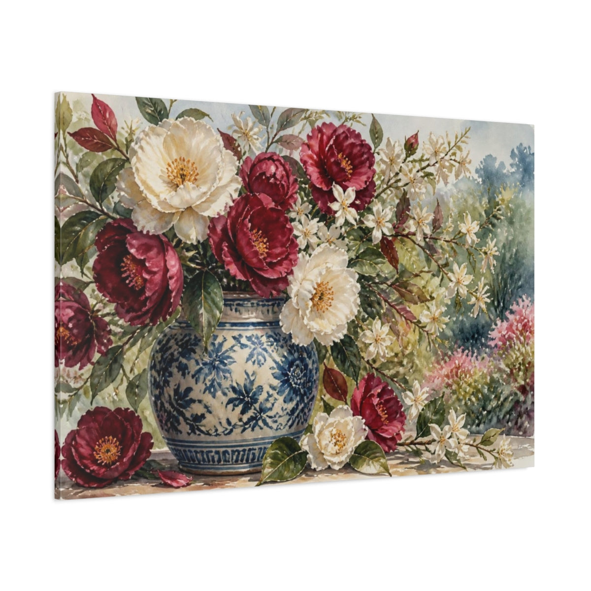 Side Mockup 1. Burgundy & Cream Camellias shown as canvas print