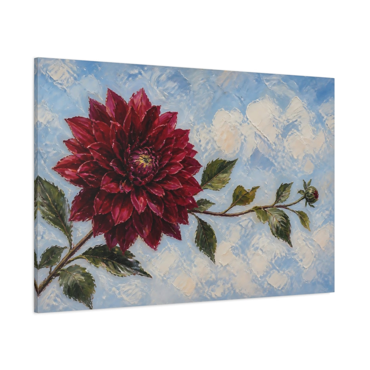 Side Mockup 1. Burgundy Dahlia Flower shown as canvas print