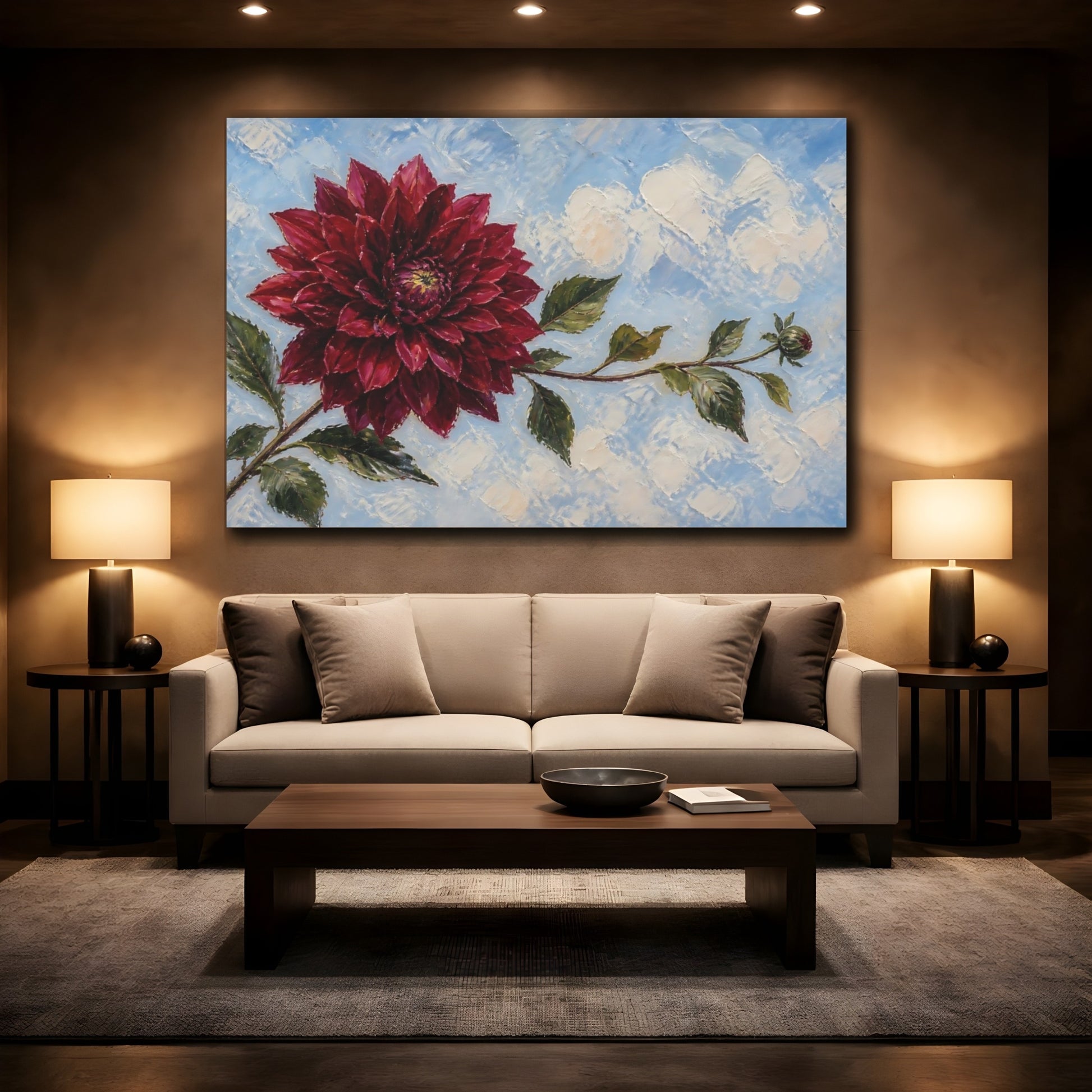 Mockup 2. Burgundy Dahlia Flower shown as canvas print