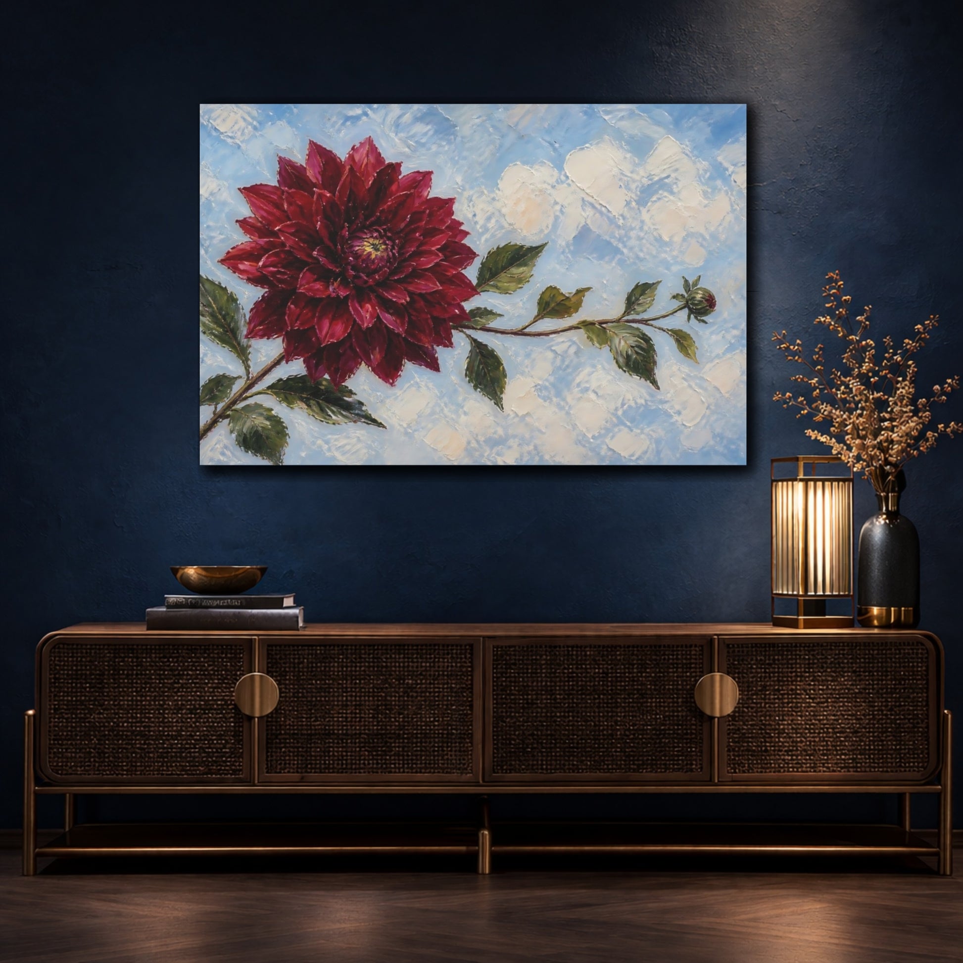 Mockup 4. Burgundy Dahlia Flower shown as canvas print