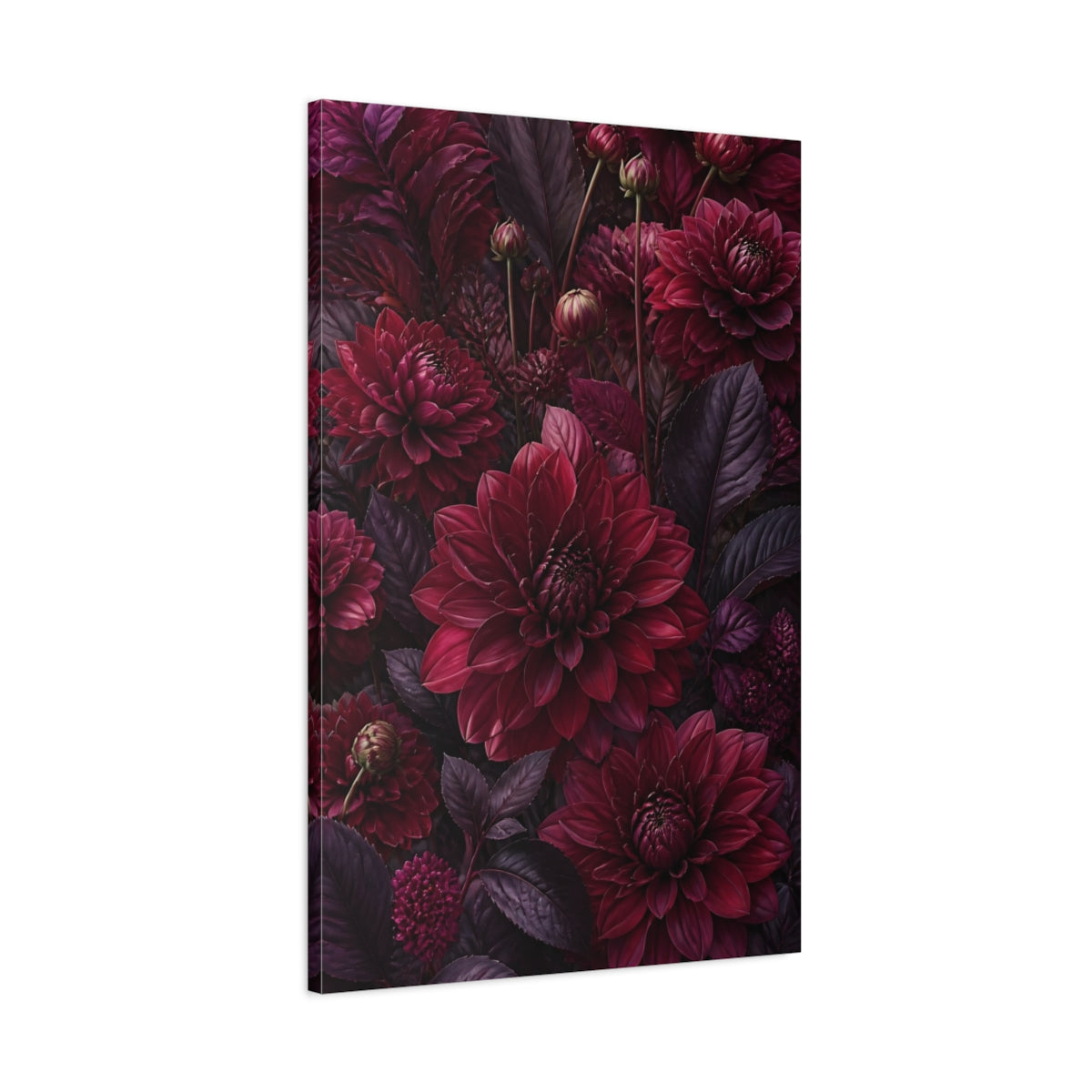Main Mockup. Burgundy Dahlia Flowers shown as canvas print