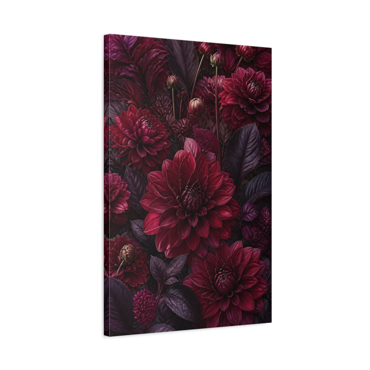 Side Mockup 2. Burgundy Dahlia Flowers shown as canvas print