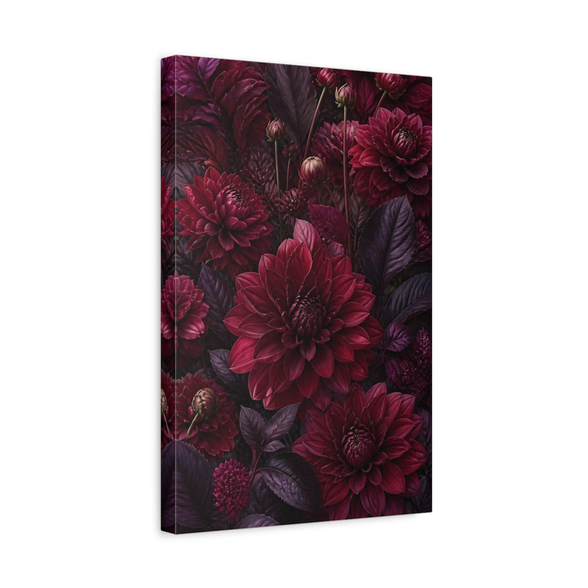 Side Mockup 4. Burgundy Dahlia Flowers shown as canvas print
