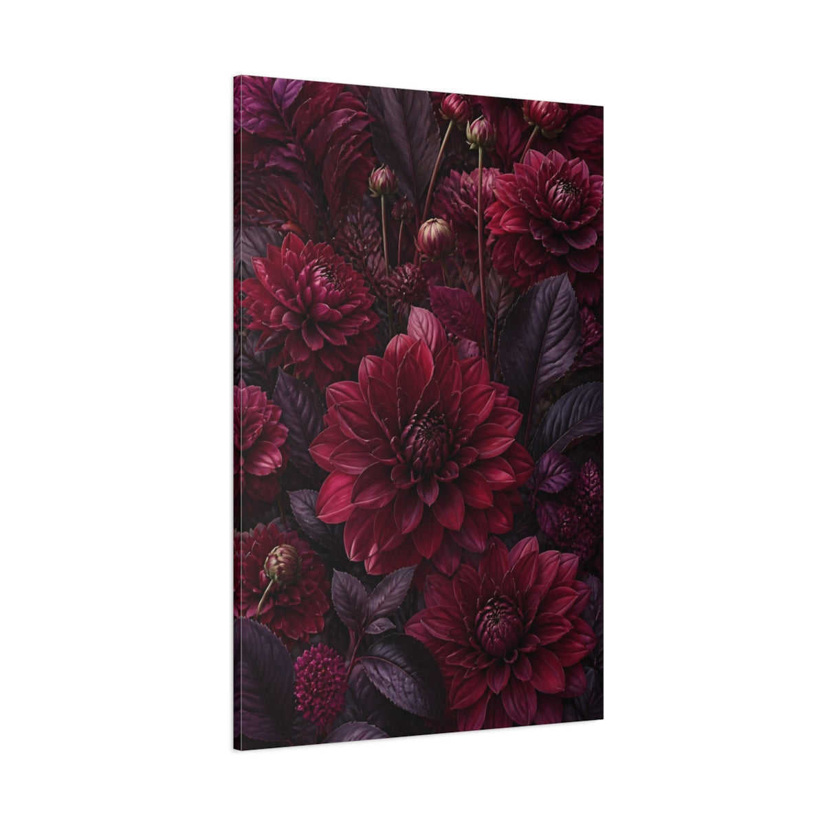 Side Mockup 1. Burgundy Dahlia Flowers shown as canvas print