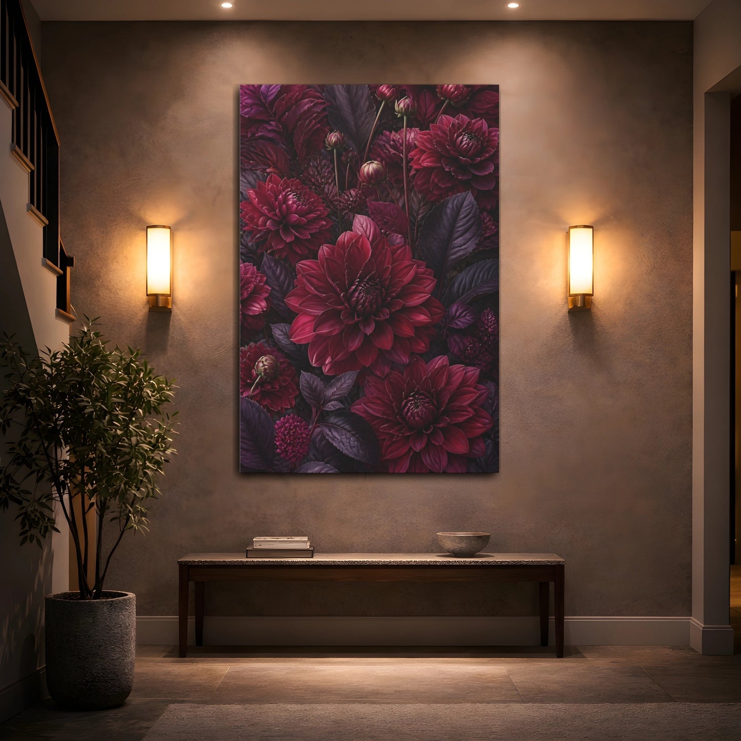 Mockup 2. Burgundy Dahlia Flowers shown as canvas print
