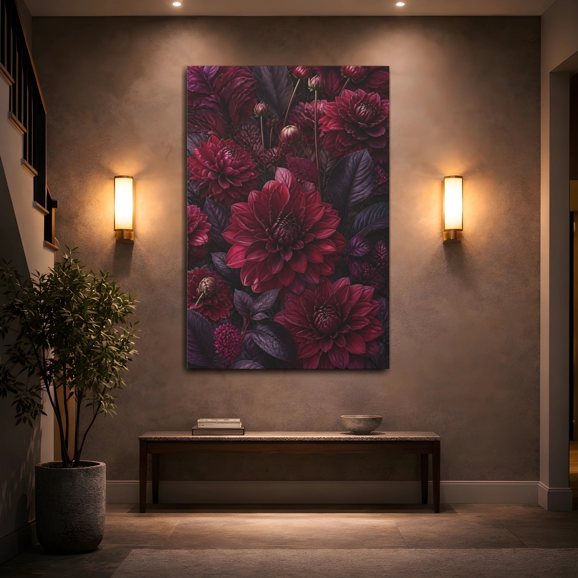 Mockup 2. Burgundy Dahlia Flowers shown as canvas print