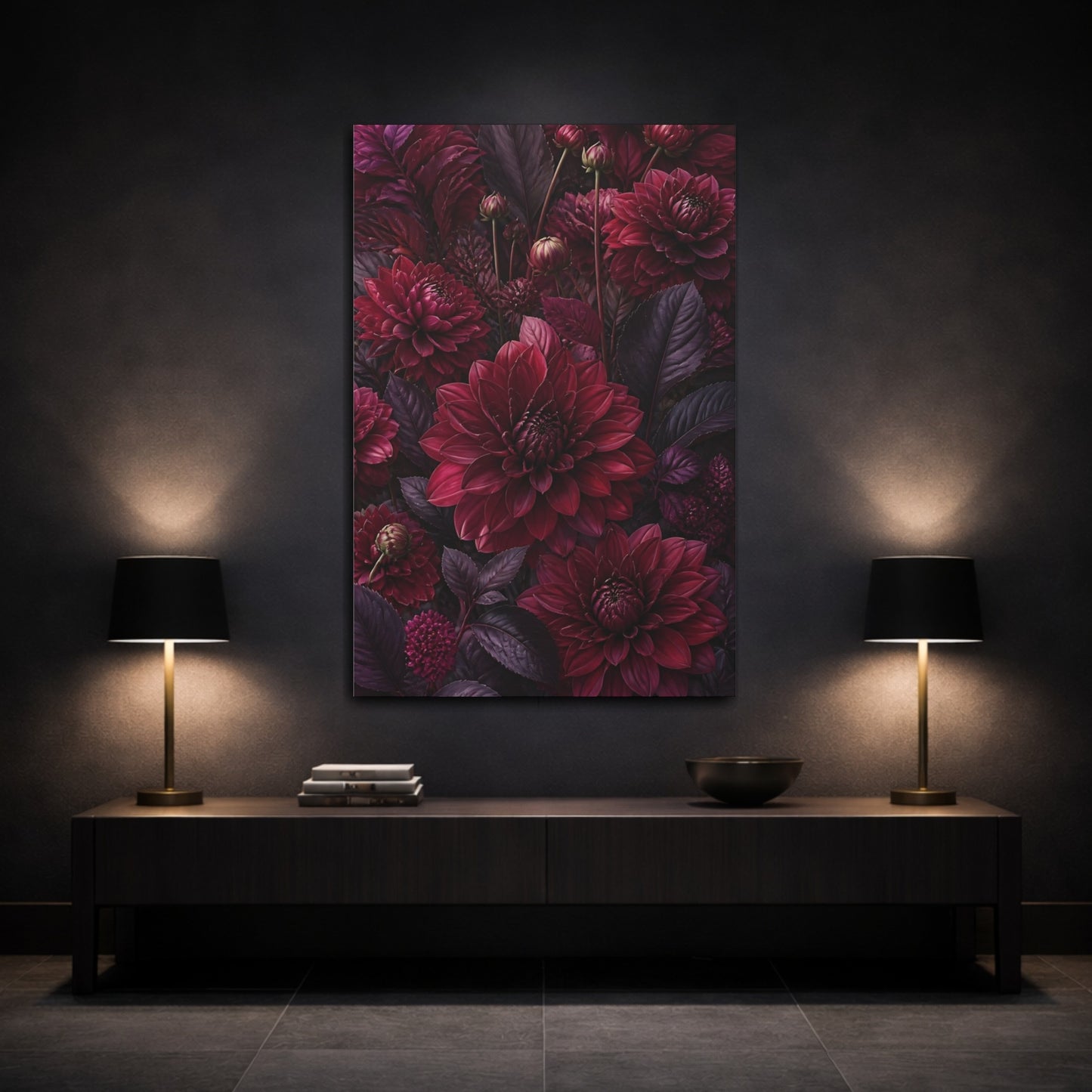 Mockup 3. Burgundy Dahlia Flowers shown as canvas print