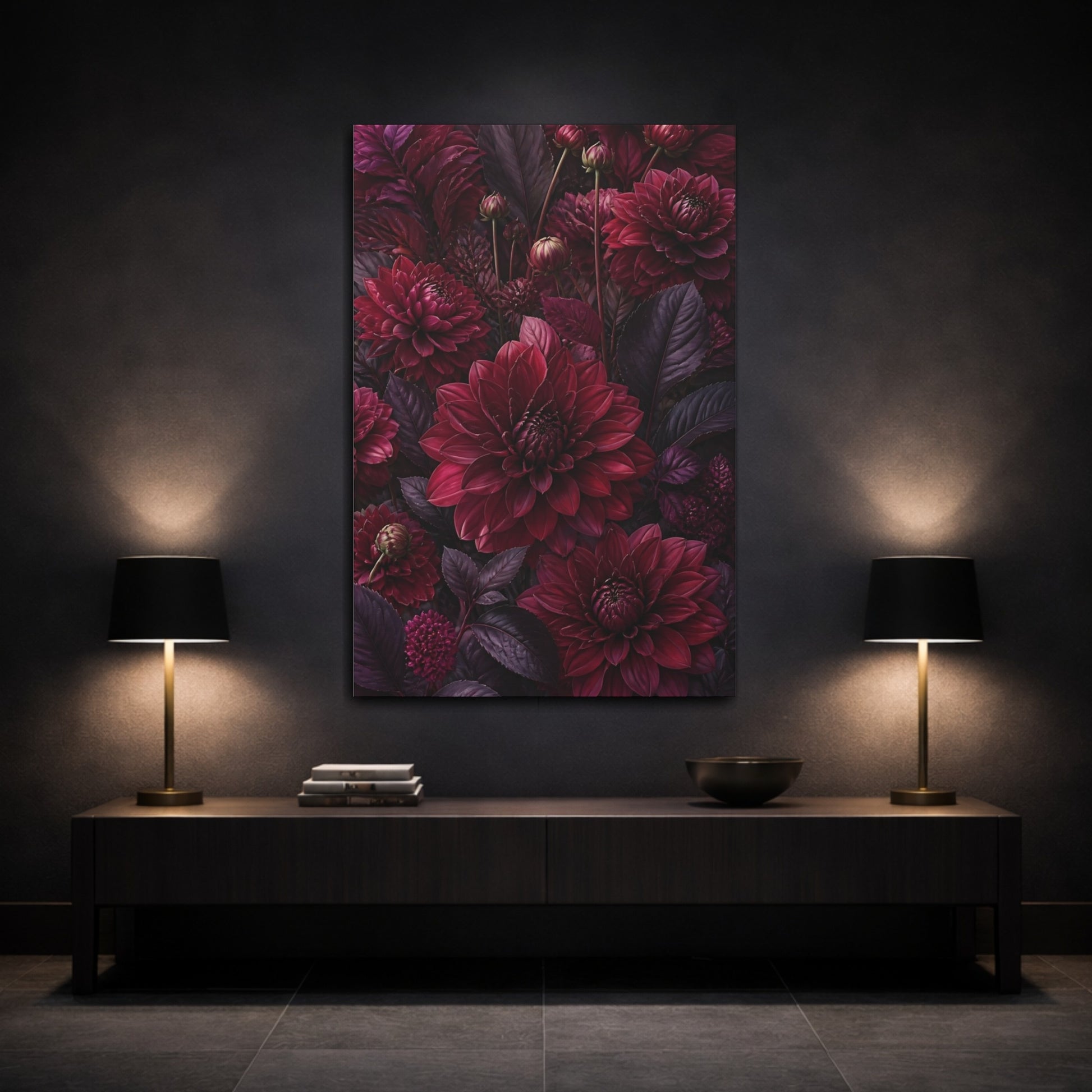 Mockup 3. Burgundy Dahlia Flowers shown as canvas print