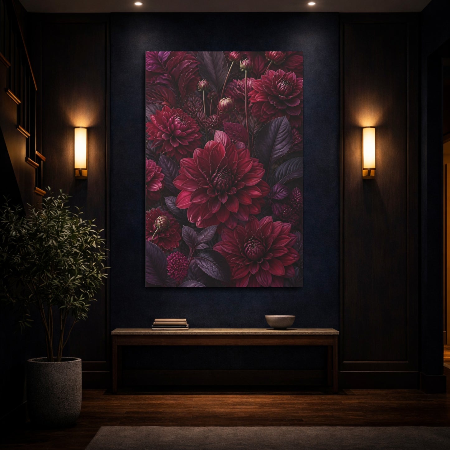 Mockup 4. Burgundy Dahlia Flowers shown as canvas print
