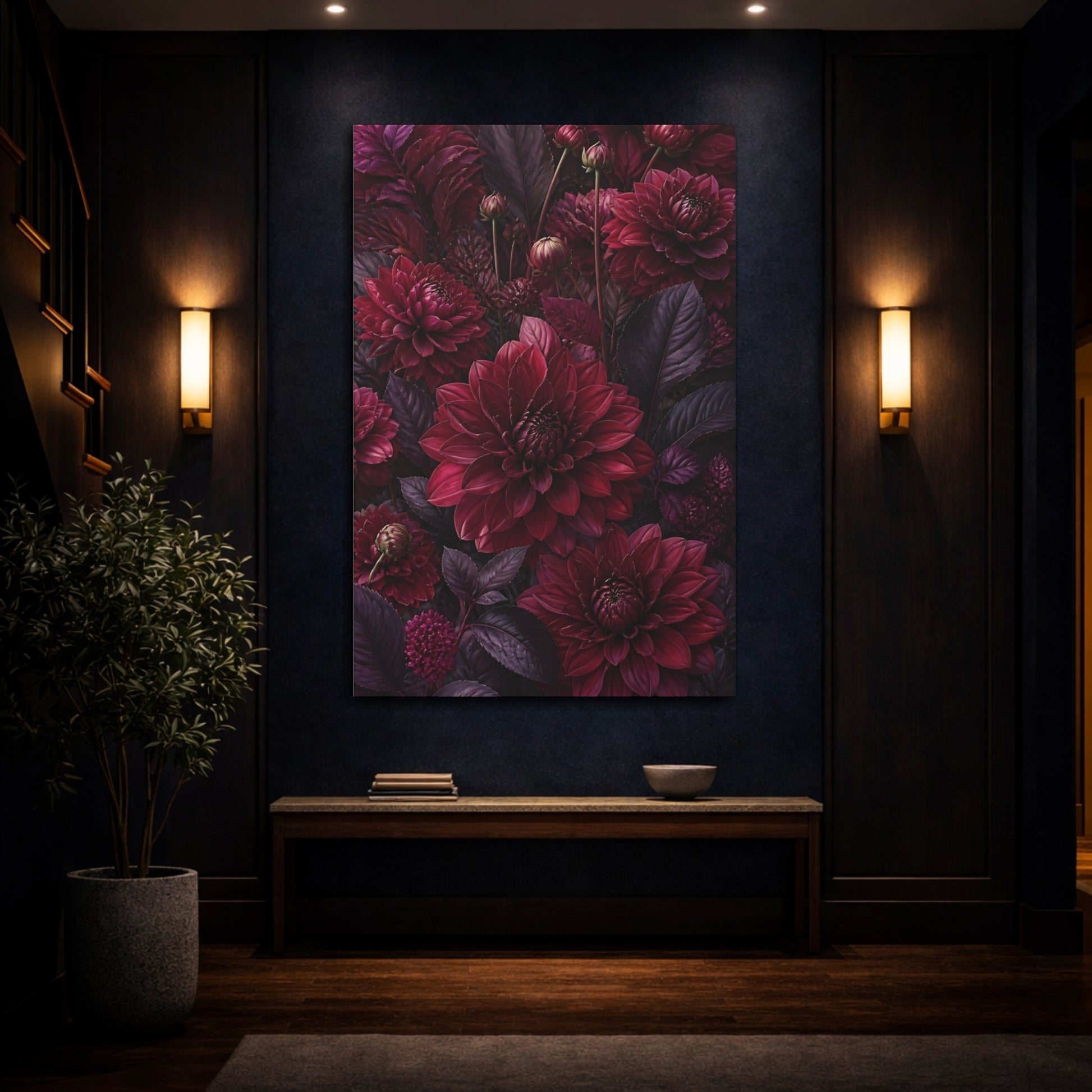 Mockup 4. Burgundy Dahlia Flowers shown as canvas print