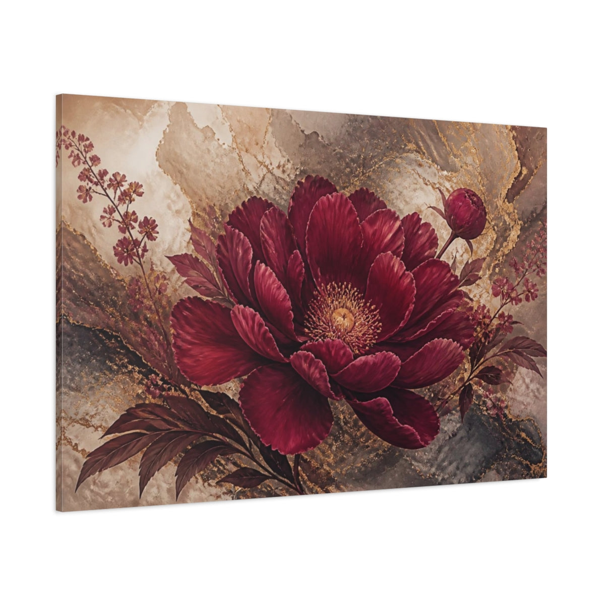 Side Mockup 1. Burgundy Floral Peony shown as canvas print