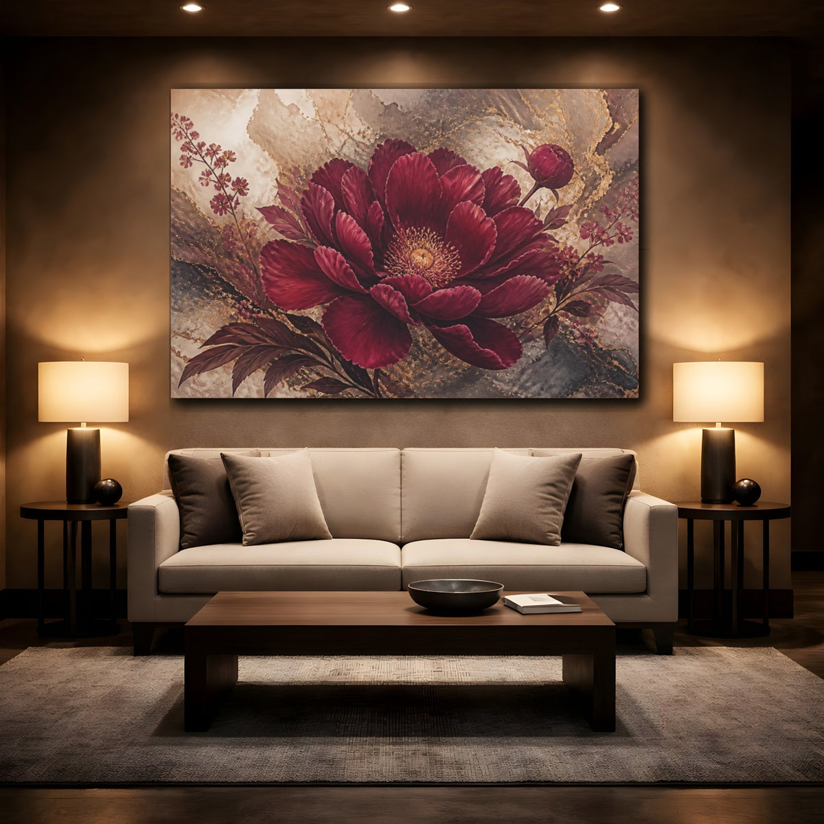 Mockup 2. Burgundy Floral Peony shown as canvas print