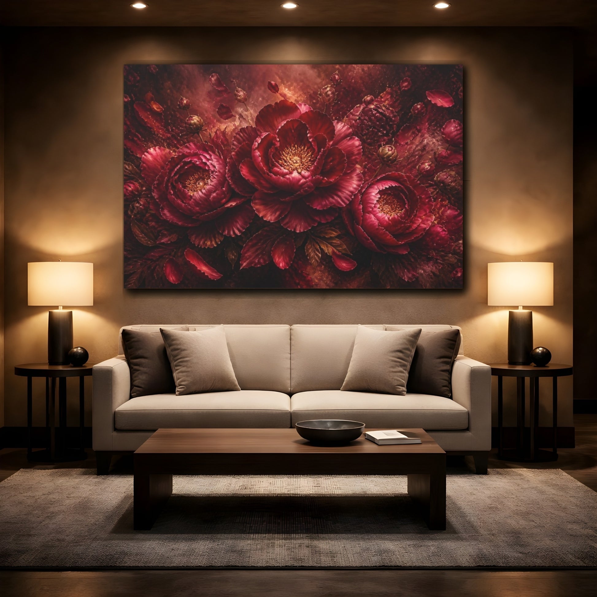 Mockup 2. Burgundy Floral Peony shown as canvas print