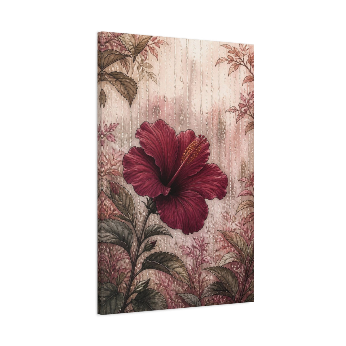 Main Mockup. Burgundy Hibiscus Flower shown as canvas print