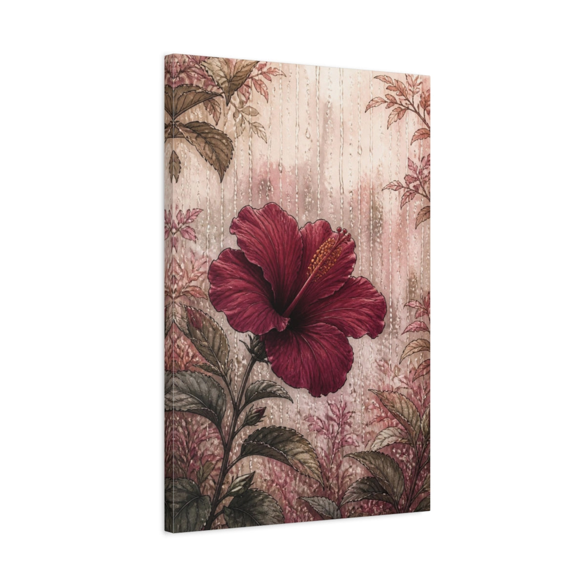 Side Mockup 2. Burgundy Hibiscus Flower shown as canvas print