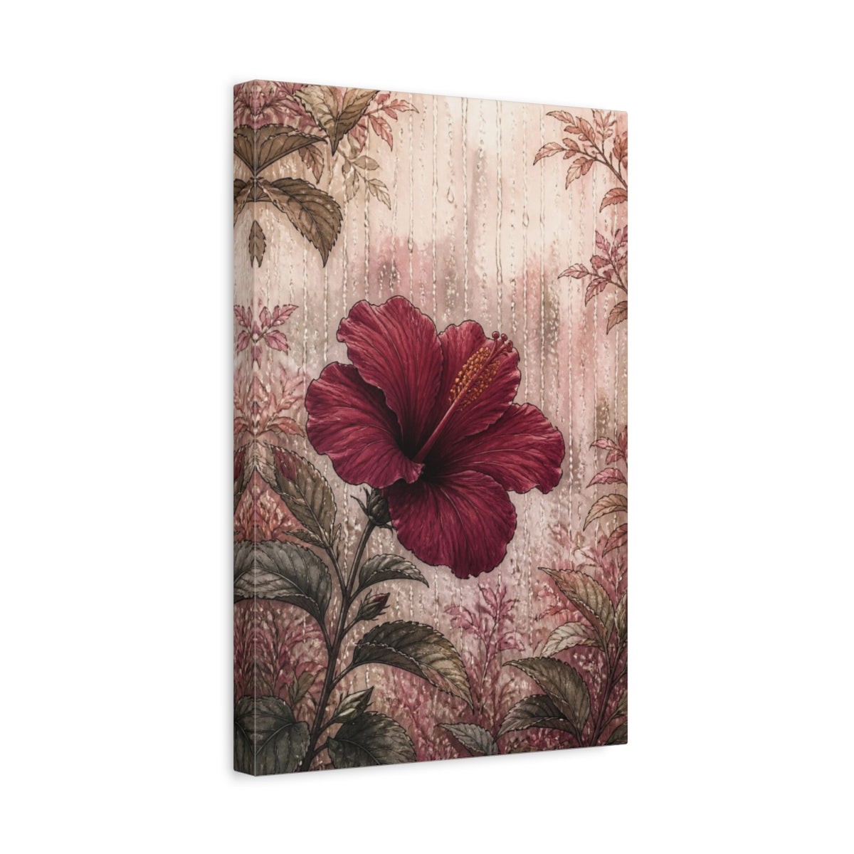 Side Mockup 4. Burgundy Hibiscus Flower shown as canvas print