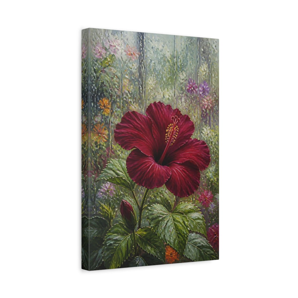 Side Mockup 4. Burgundy Hibiscus Flower shown as canvas print