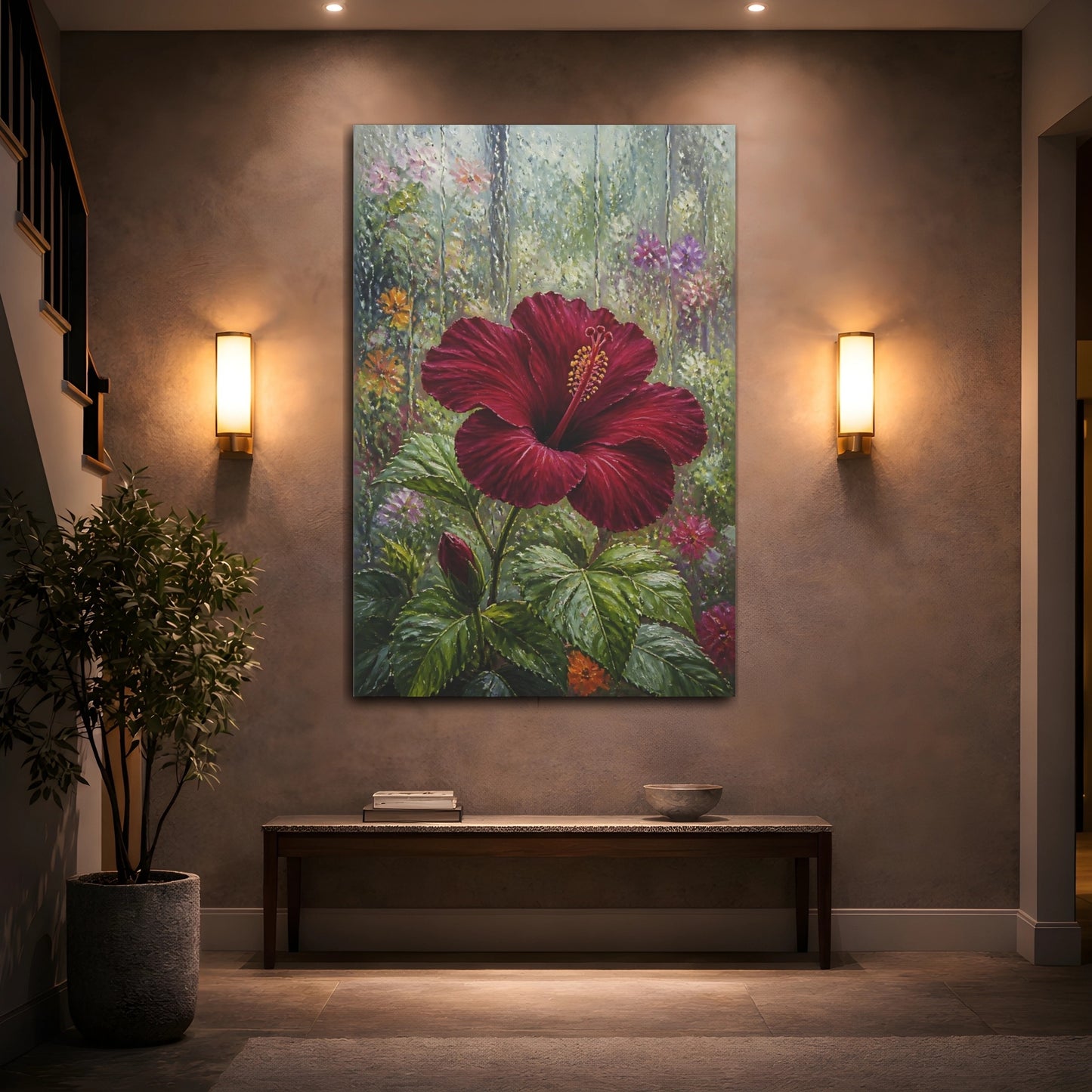 Mockup 2. Burgundy Hibiscus Flower shown as canvas print