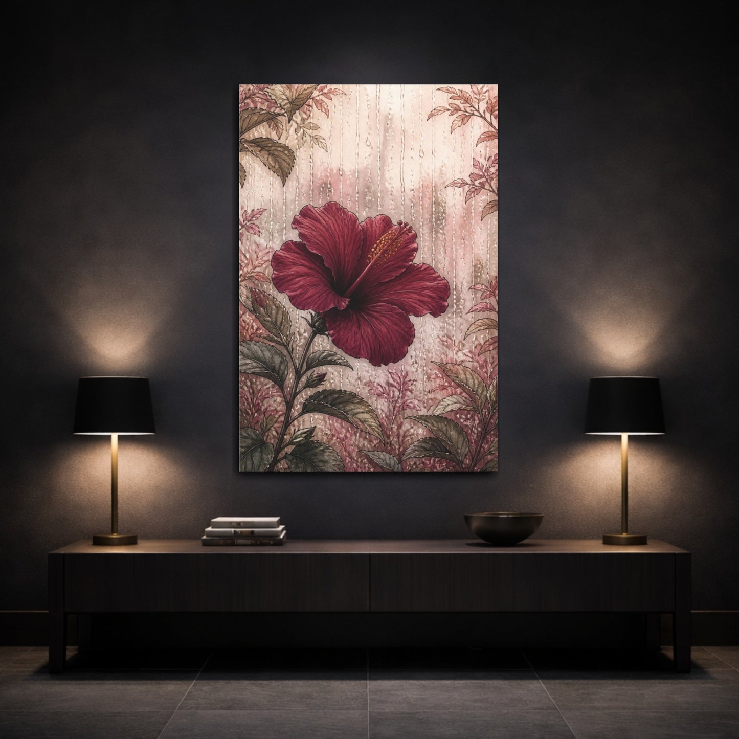Mockup 3. Burgundy Hibiscus Flower shown as canvas print