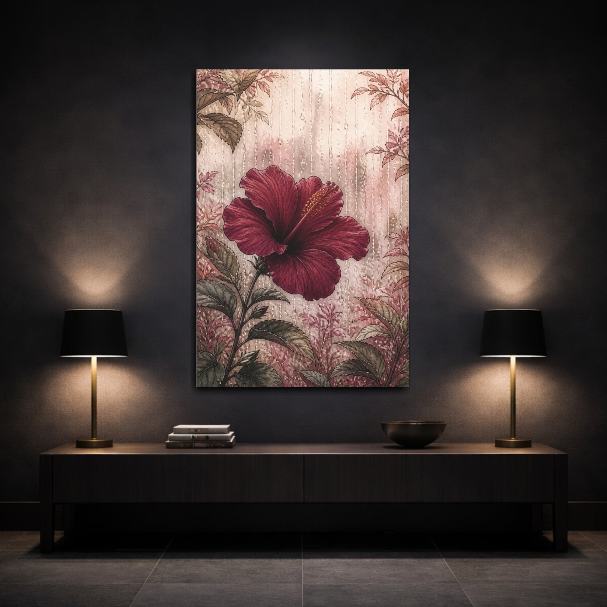 Mockup 3. Burgundy Hibiscus Flower shown as canvas print