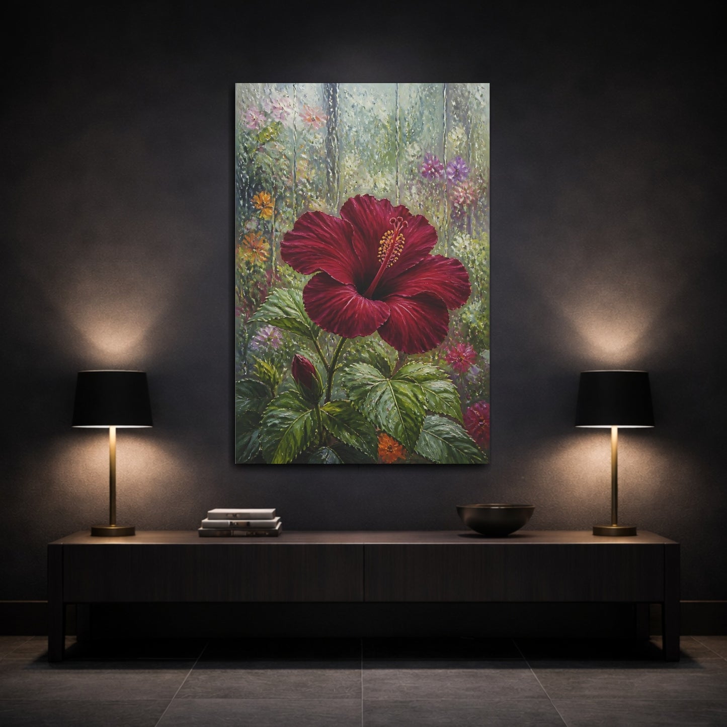 Mockup 3. Burgundy Hibiscus Flower shown as canvas print