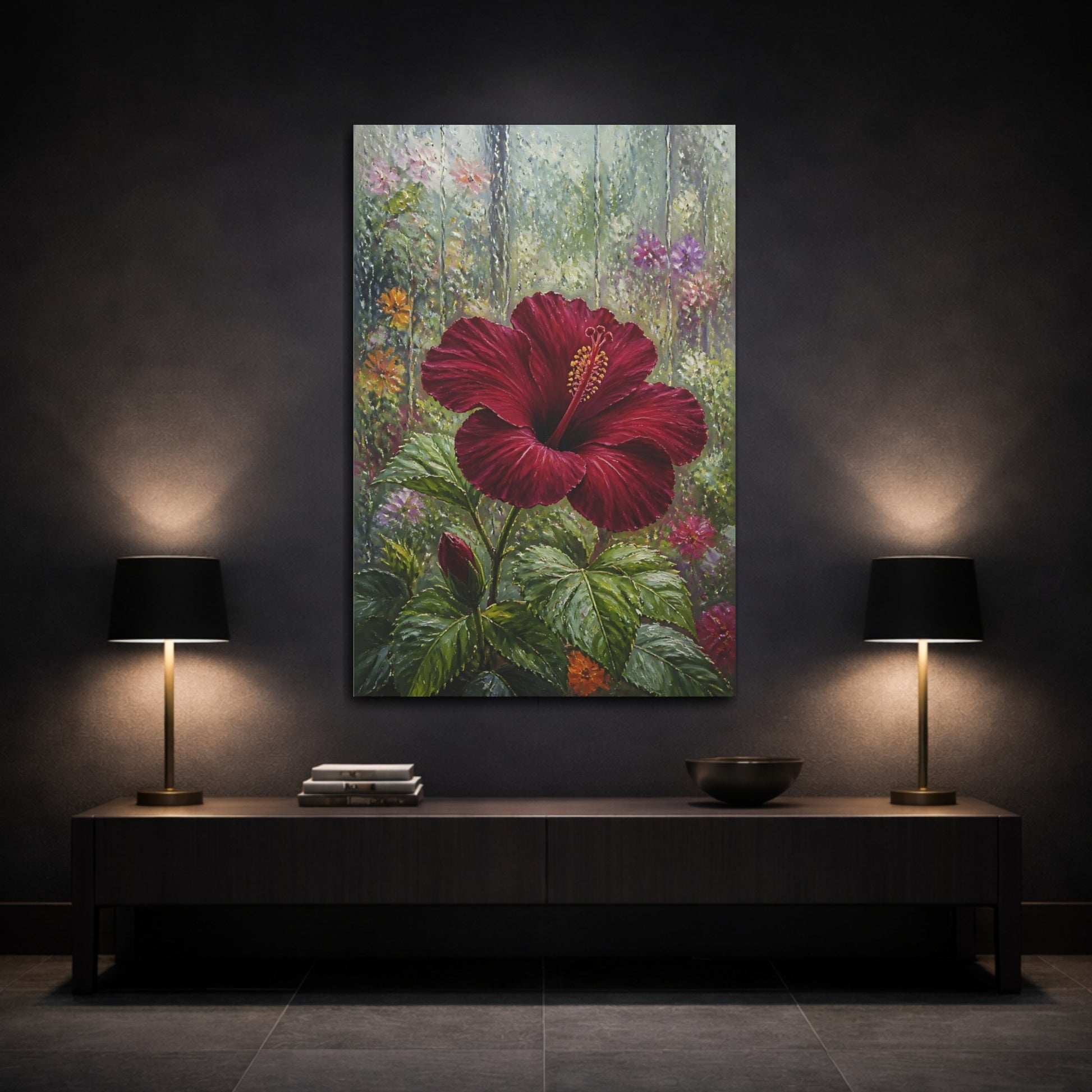 Mockup 3. Burgundy Hibiscus Flower shown as canvas print