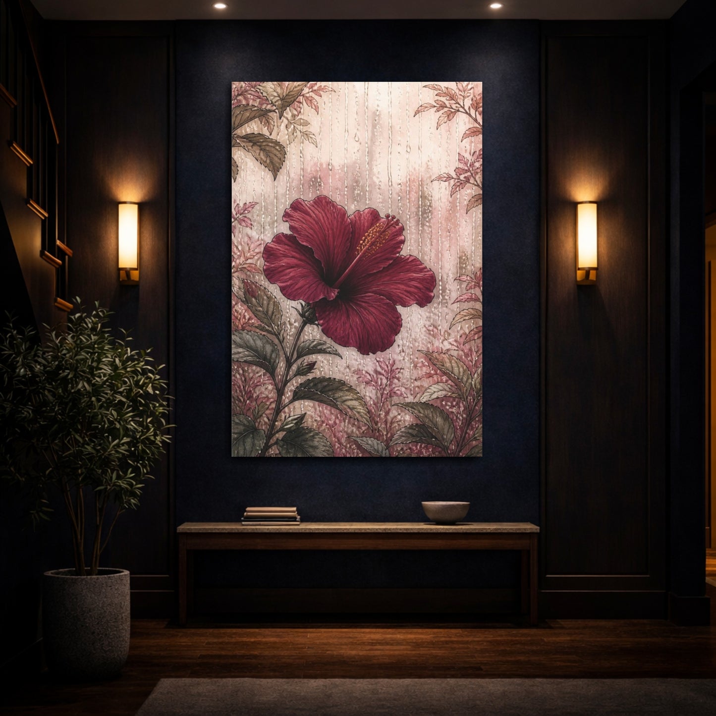 Mockup 4. Burgundy Hibiscus Flower shown as canvas print
