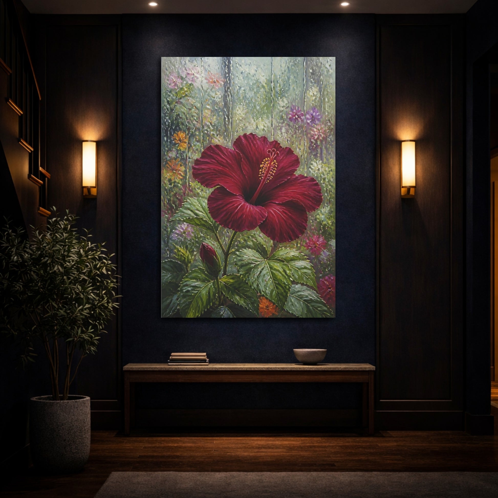 Mockup 4. Burgundy Hibiscus Flower shown as canvas print