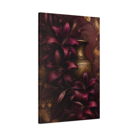 Main Mockup. Burgundy Lilies And Brass Vase shown as canvas print