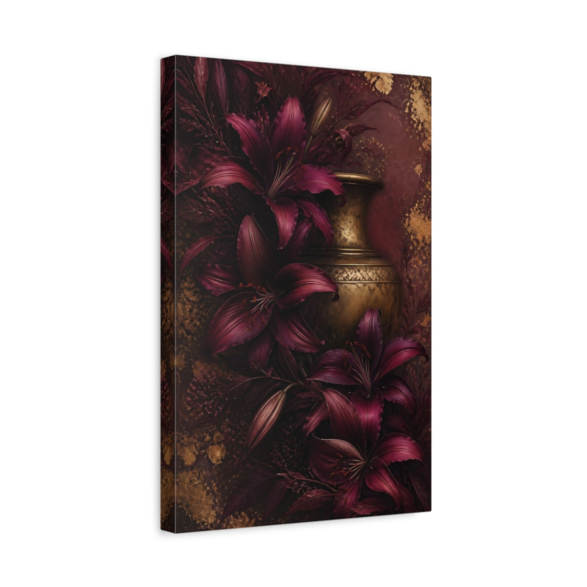 Side Mockup 4. Burgundy Lilies And Brass Vase shown as canvas print