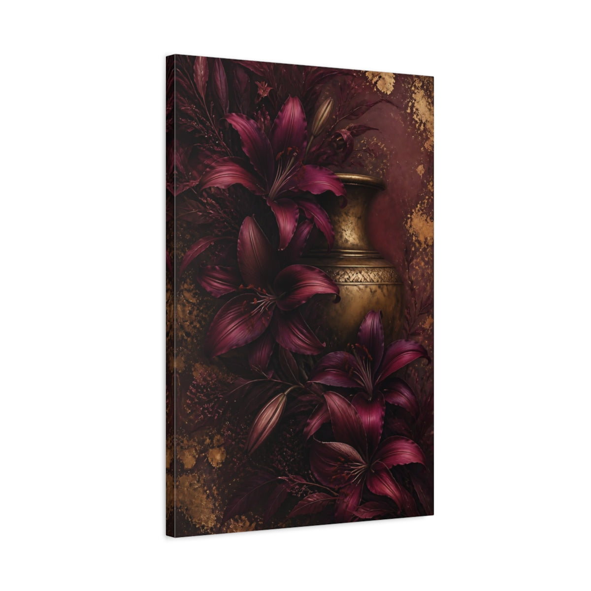 Side Mockup 2. Burgundy Lilies And Brass Vase shown as canvas print